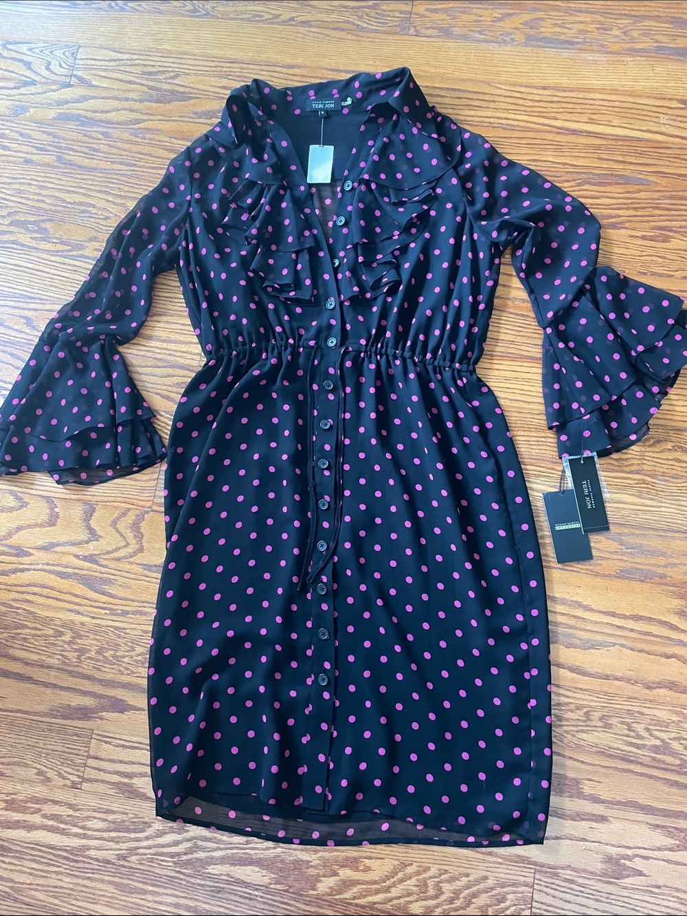 Teri Jon Black Dress with Pink Polka Dots and Ruffle Collar